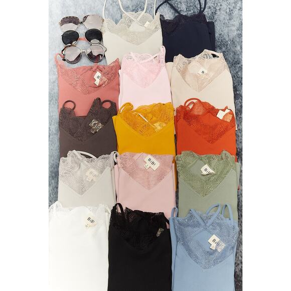 BiBi Solid Spaghetti Straps Lace Trim Detailing Square Neck Tank Top | Taupe - Picture 11 of 11